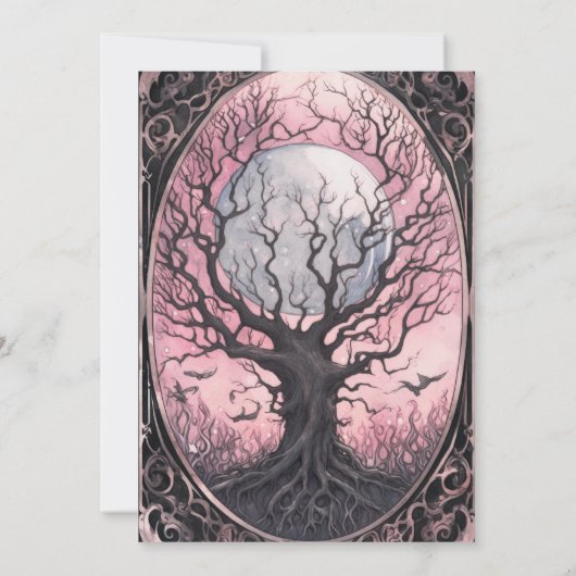 Spooky Tree Volle Maan Roze Sky Halloween Party Kaart (Achterkant)