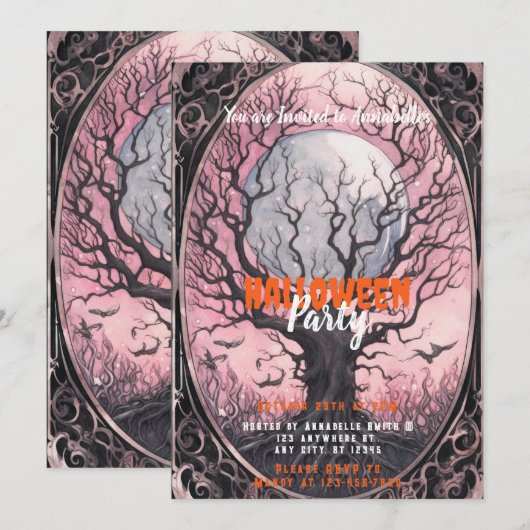 Spooky Tree Volle Maan Roze Sky Halloween Party Kaart (Voorkant / Achterkant)