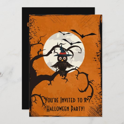 Spooky Trees Owl Full Moon Halloween Invitation Kaart (Voorkant / Achterkant)