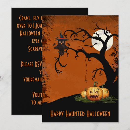 Spooky Trees Owl Full Moon Halloween Invitation Kaart (Voorkant / Achterkant)