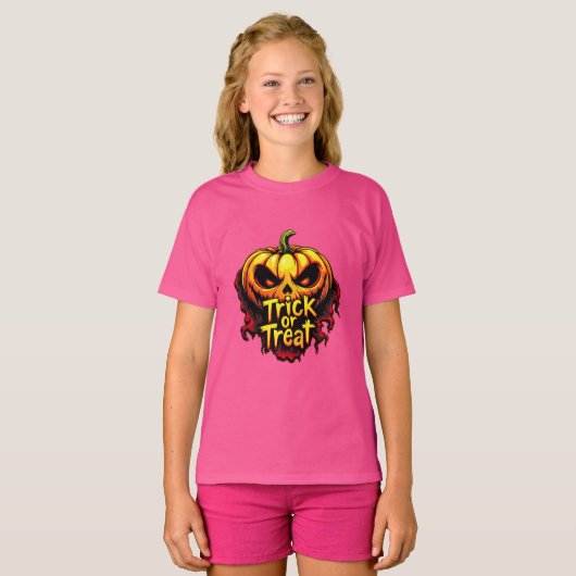 Spooky "Trick or treat" Pompoen Halloween Art T-shirt (Voorkant volledig)