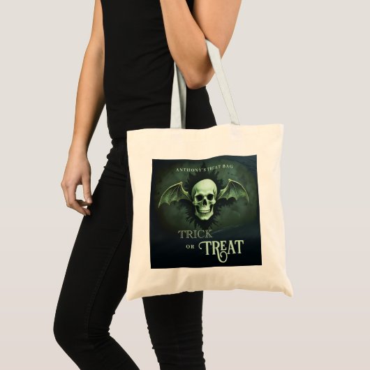 Spooky Trick or Treat Skull with Bat Wings Tote Bag (Voorkant (product))