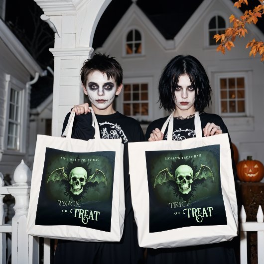Spooky Trick or Treat Skull with Bat Wings Tote Bag