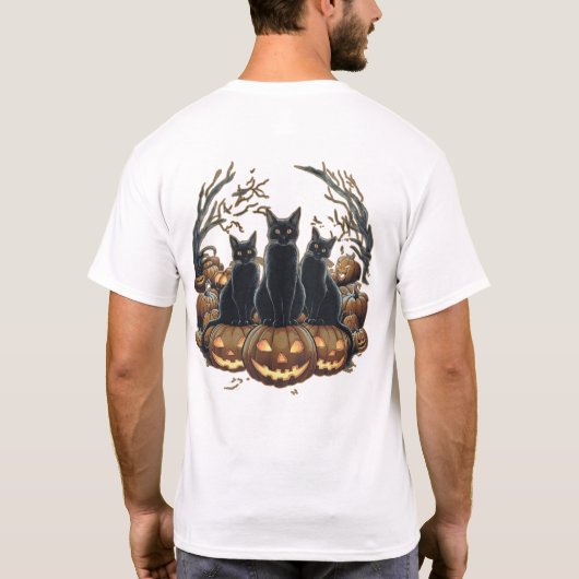 Spooky Trio Black Cats op Pumpkins Halloween T-shirt (Achterkant)