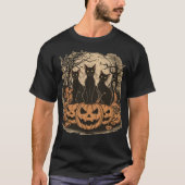 Spooky Trio Black Cats op Pumpkins Halloween T-shirt (Voorkant)