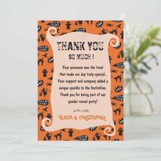 Spooky truc en behandelen Halloween gender reveal Bedankkaart (Staand voorkant)