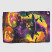 Spooky Turkse Angora Cat Halloween Heksenpompoen Golfhanddoek (Horizontaal)
