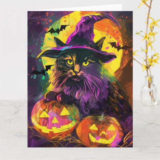 Spooky Turkse Angora Cat Halloween Heksenpompoen Kaart (Gele Bloem)