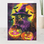 Spooky Turkse Angora Cat Halloween Heksenpompoen Kaart (Voorkant)