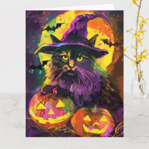 Spooky Turkse Angora Cat Halloween Heksenpompoen Kaart