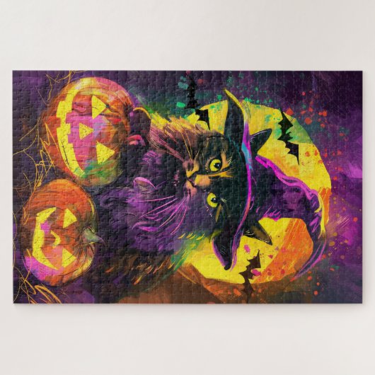 Spooky Turkse Angora Cat Halloween Heksenpompoen Legpuzzel (Horizontaal)