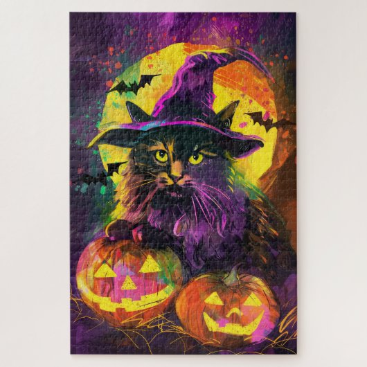 Spooky Turkse Angora Cat Halloween Heksenpompoen Legpuzzel (Verticaal)