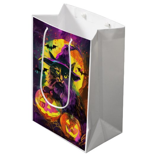 Spooky Turkse Angora Cat Halloween Heksenpompoen Medium Cadeauzakje (Voorkant Gekanteld)