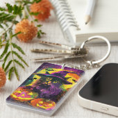 Spooky Turkse Angora Cat Halloween Heksenpompoen Sleutelhanger (Voorkant Rechts)