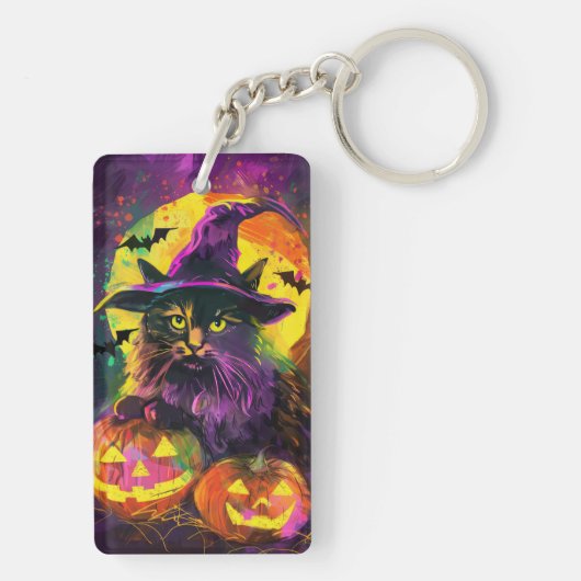 Spooky Turkse Angora Cat Halloween Heksenpompoen Sleutelhanger (achterkant)
