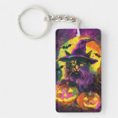 Spooky Turkse Angora Cat Halloween Heksenpompoen Sleutelhanger (Voorkant)