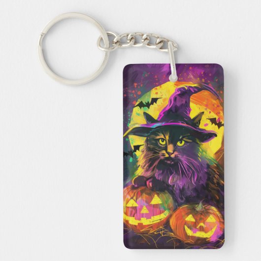 Spooky Turkse Angora Cat Halloween Heksenpompoen Sleutelhanger (Voorkant)