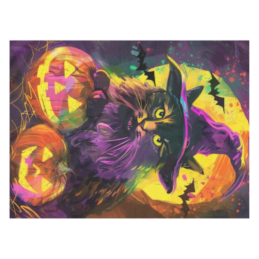 Spooky Turkse Angora Cat Halloween Heksenpompoen Tafelkleed (Voorkant (Horizontaal))