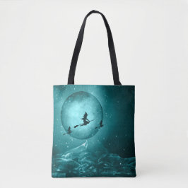 SPOOKY TURQUOISE & BLACK HALLOWEEN WITCHES & MOON TOTE BAG