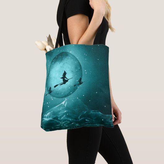 SPOOKY TURQUOISE & BLACK HALLOWEEN WITCHES & MOON TOTE BAG (Dichtbij)