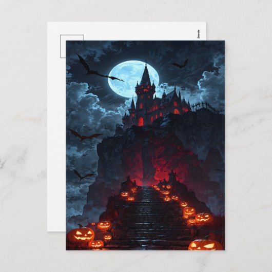 Spooky Vampire Castle Pumpkin Path Halloween Feestdagenkaart (Voorkant / Achterkant)