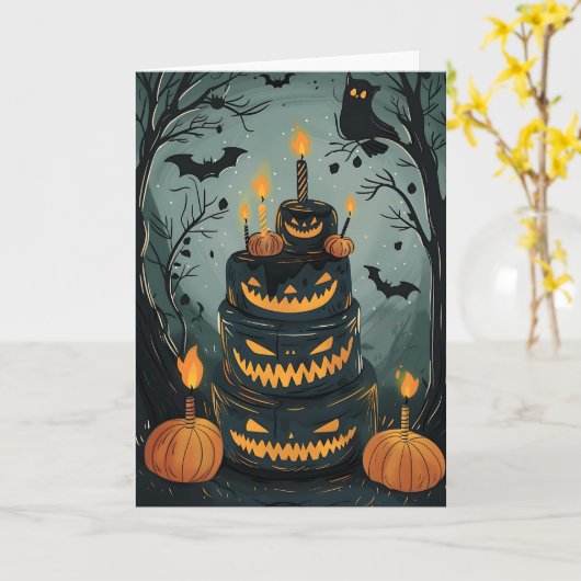 Spooky verjaardagstaart kaart (Gele Bloem)