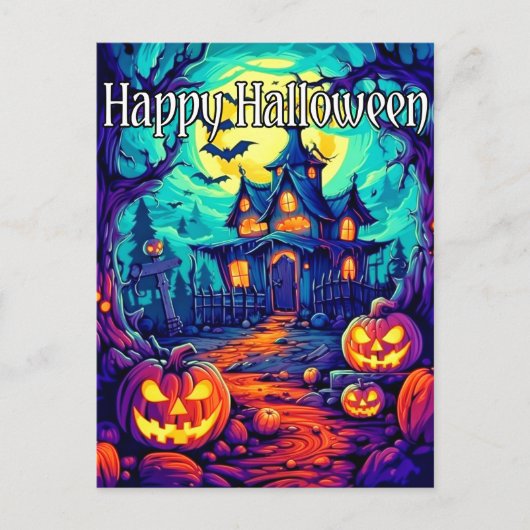 Spooky Verlichtend Haunted House Happy Halloween Briefkaart (Voorkant)