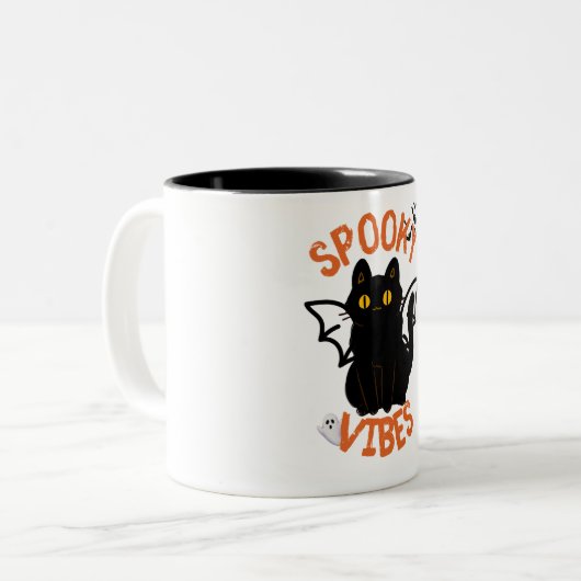 Spooky Vibes Cat Face Halloween Mug Tweekleurige Koffiemok (Voorkant links)