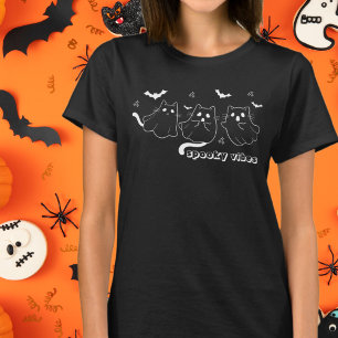 Spooky Vibes Cat Ghosts Zwart-wit T-shirt