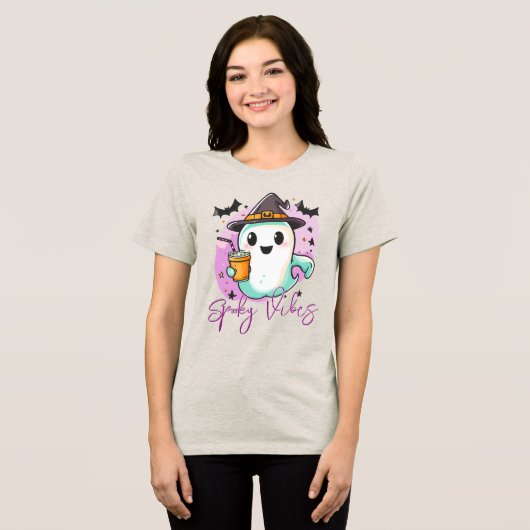 Spooky Vibes Cute Ghost Halloween Tri-Blend Shirt (Voorkant volledig)