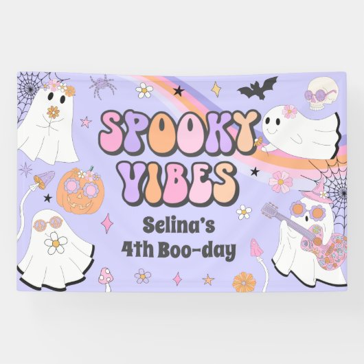 Spooky Vibes Cute Halloween Groovy Ghost Birthday Spandoek (Horizontaal)