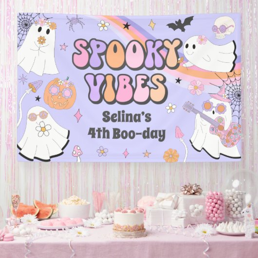 Spooky Vibes Cute Halloween Groovy Ghost Birthday Spandoek (Feest)