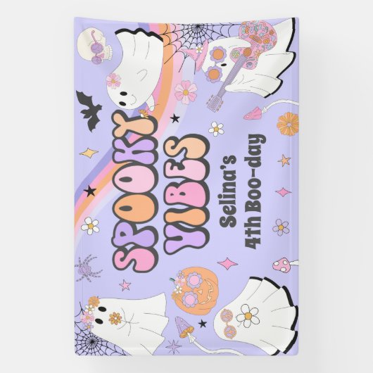 Spooky Vibes Cute Halloween Groovy Ghost Birthday Spandoek (Verticaal)