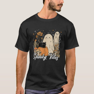 Spooky Vibes Floral Ghost Halloween Pumpkin Black T-shirt
