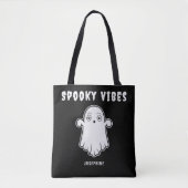 Spooky Vibes Ghost met aangepaste naam Zwart Wit Tote Bag (Voorkant)