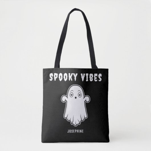 Spooky Vibes Ghost met aangepaste naam Zwart Wit Tote Bag (Voorkant)