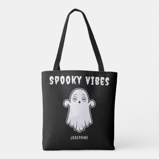Spooky Vibes Ghost met aangepaste naam Zwart Wit Tote Bag (Achterkant)