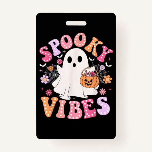 Spooky Vibes Ghost Retro Groovy Halloween Badge (Voorkant)