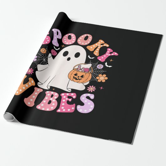 Spooky Vibes Ghost Retro Groovy Halloween Cadeaupapier (Uitgerold)