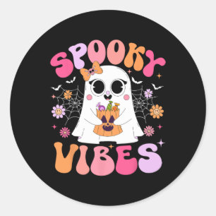 Spooky Vibes Ghost Retro Groovy Halloween Vrouwen Ronde Sticker