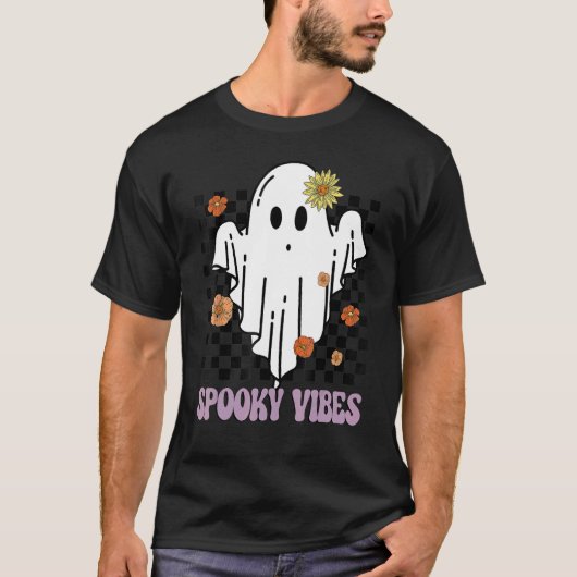 Spooky Vibes Groovy Flower Ghost Halloween Spooky T-shirt (Voorkant)