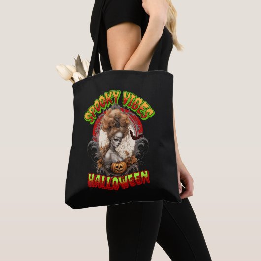 Spooky Vibes Halloween Canvas tas, Halloween Tote Bag (Dichtbij)