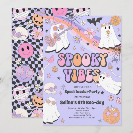 Spooky Vibes Halloween Cute Groovy Ghost Birthday Kaart (Voorkant / Achterkant)