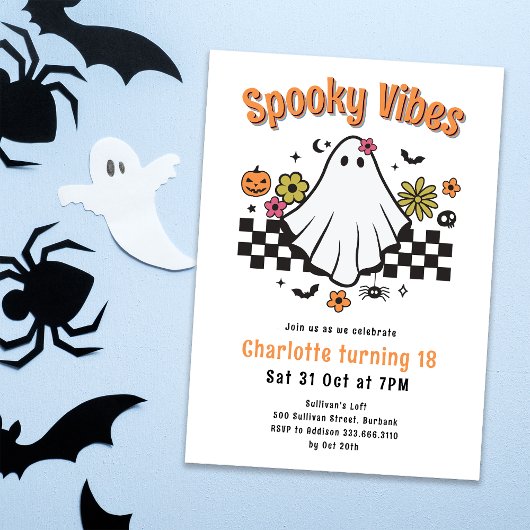 Spooky Vibes Retro Ghost Halloween Verjaardagsfees Kaart