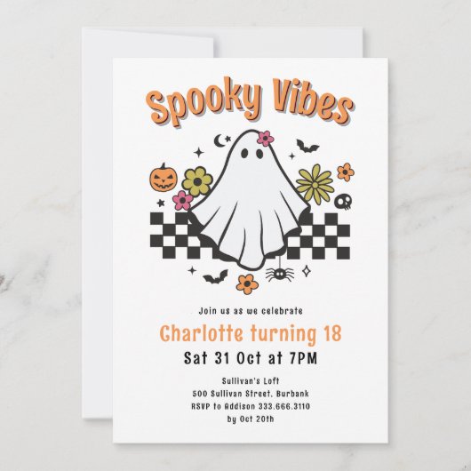 Spooky Vibes Retro Ghost Halloween Verjaardagsfees Kaart (Voorkant)