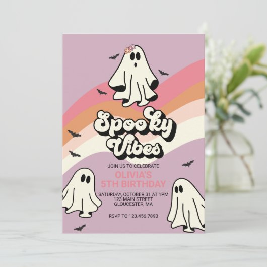 Spooky Vibes Retro Halloween Ghost Birthday Kaart (Staand voorkant)