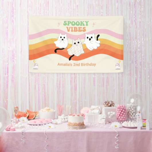 Spooky Vibes Retro Halloween Ghost Birthday Spandoek (Feest)