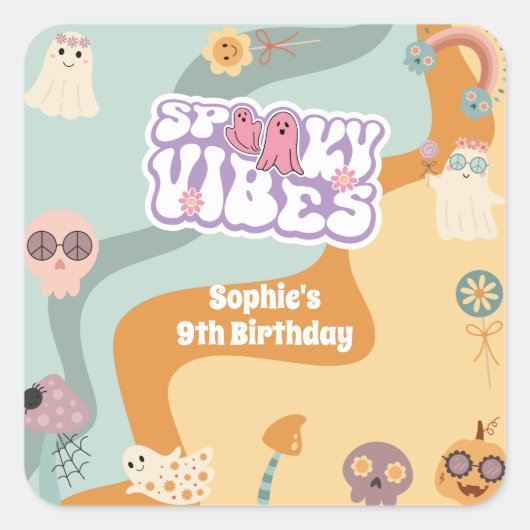 Spooky vibes retro  halloween kids birthday vierkante sticker (Voorkant)