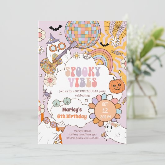Spooky Vibes Retro Halloween Party Meisje Verjaard Kaart (Staand voorkant)