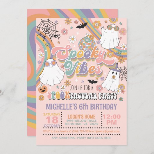 Spooky Vibes Verjaardagsuitnodiging - Meisje (roze Kaart (Voorkant / Achterkant)